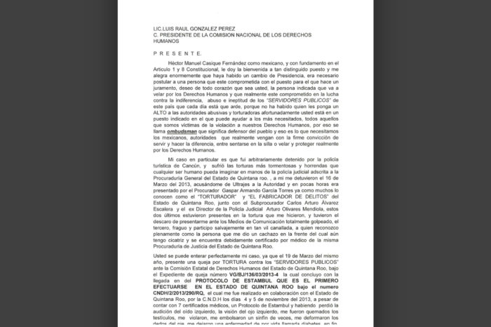 Héctor Casique envía carta a presidente de CNDH por la tortura que sufrió en QRoo