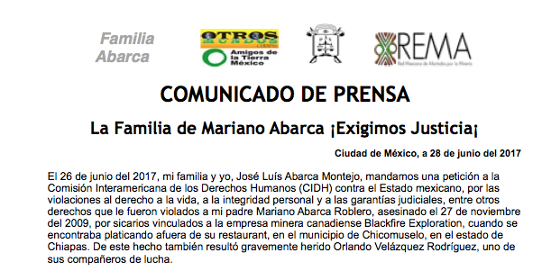 Comunicado de prensa: familia de Mariano Abarca envía petición a CIDH