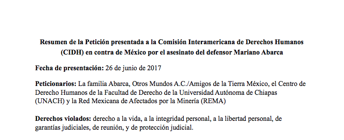 Resumen de la petición presentada a la CIDH por el asesinato Mariano Abarca