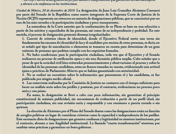 Comunicado: Preocupante retroceso a la ratificación del Senado de designar a Juan Luis Alcántara como ministro de a SCJN