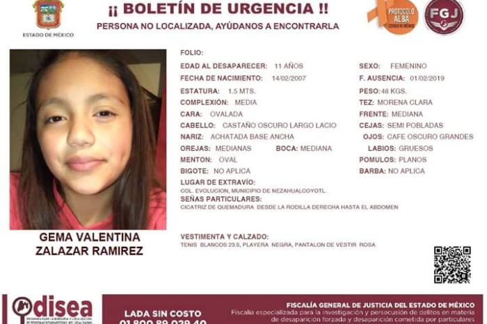 Gema Valentina Zalazar tiene 11 años, ayer desapareció en Nezahualcóyotl