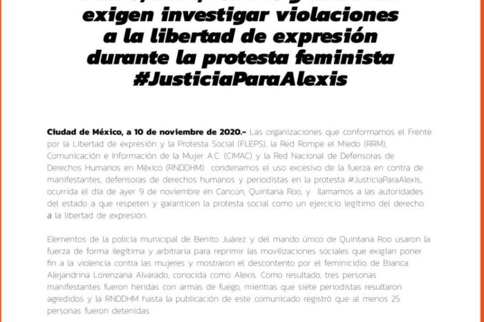 FLEPS, RRM, CIMAC y RNDDHM exigen investigar violaciones a la libertad de expresión durante la protesta feminista #JusticiaParaAlexis
