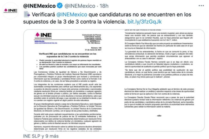 INE revisará que candidatos no tengan acusaciones por violencia de género; cancelarán registro de sancionados