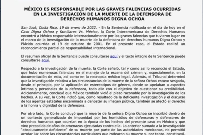 México debe reabrir caso Digna Ochoa; investigación tuvo irregularidades: CoIDH