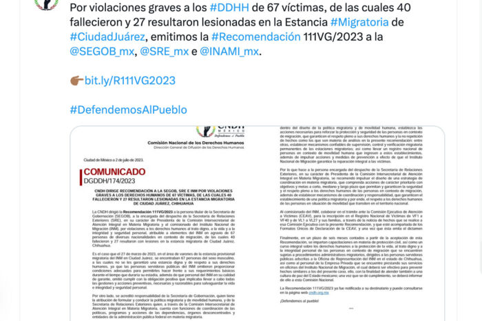 CNDH reconoce graves violaciones a derechos en incendio en Ciudad Juárez; pide reparación del daño a víctimas